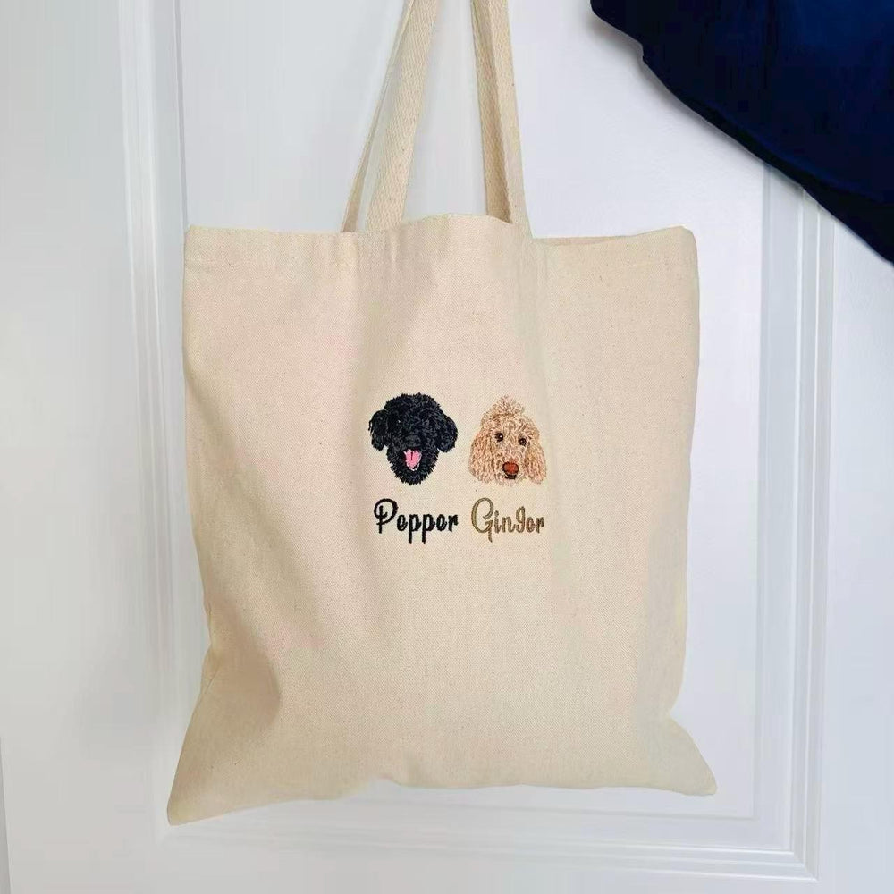 Custom Embroidered Pet Portrait Tote Bag – Personalized Dog Cat Tote, Pet Memorial Gift, Pet Lover Tote