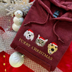 Christmas pet embroidery hoodie in maroon - three pets with Santa hats, Furry Christmas