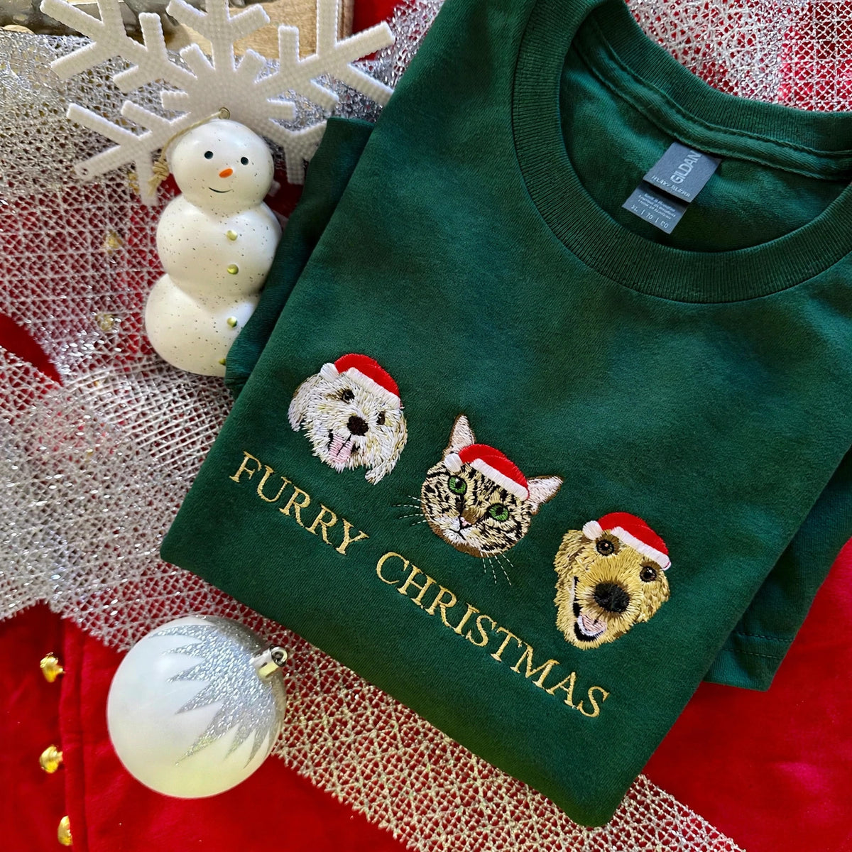Christmas pet embroidery T-shirt in forest green - three pets with Santa hats, Furry Christmas