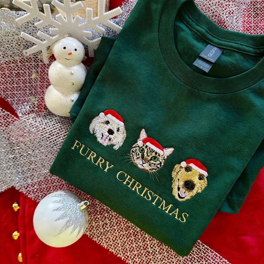 Christmas pet embroidery T-shirt in forest green - three pets with Santa hats, Furry Christmas