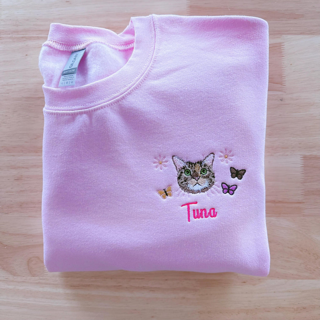 Custom Pet Portrait Sweatshirt, Embroidered Dog or Cat Hoodie, Personalized Gift for Pet Lovers, Pet Memorial Sweater