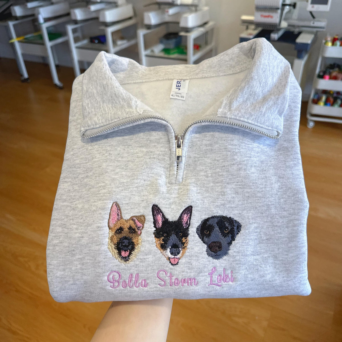 Custom Embroidered Pet Portrait Quarter Zip – Dog Cat Face Sweatshirt, Personalized Gift, Pet Memorial Clothing