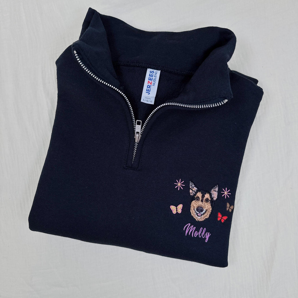 Custom Embroidered Pet Portrait Quarter Zip – Dog Cat Face Sweatshirt, Personalized Gift, Pet Memorial Clothing
