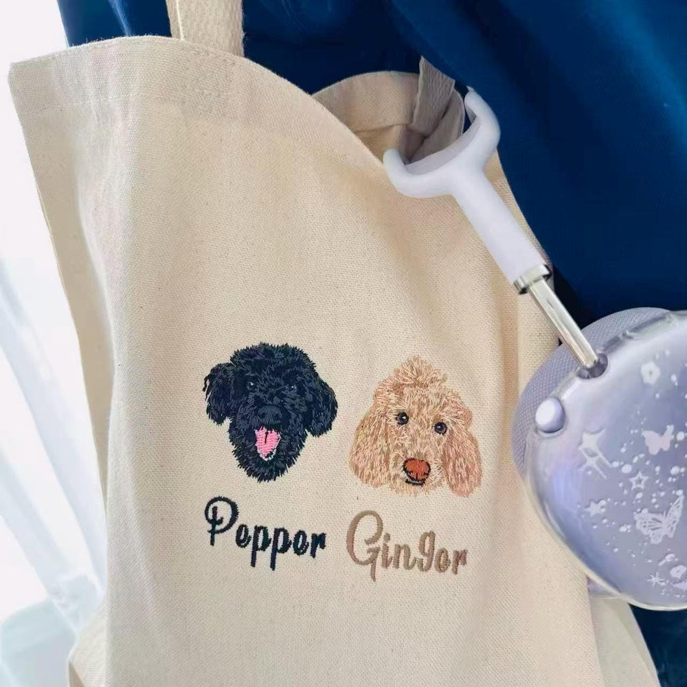 Custom Embroidered Pet Portrait Tote Bag – Personalized Dog Cat Tote, Pet Memorial Gift, Pet Lover Tote