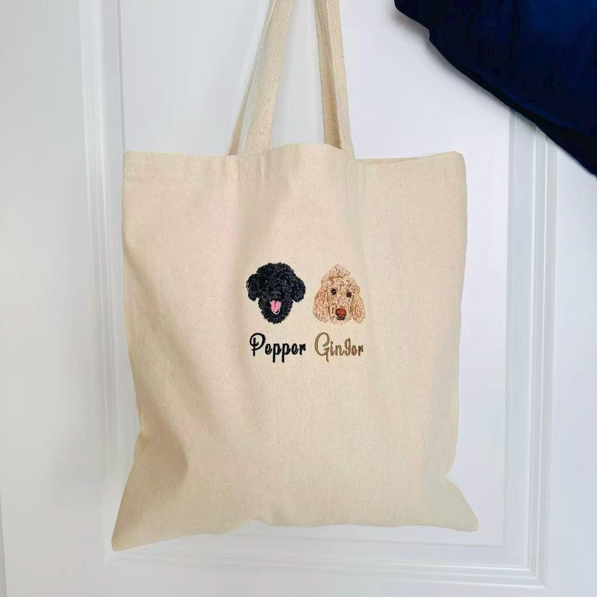 Custom Embroidered Pet Portrait Tote Bag – Personalized Dog Cat Tote, Pet Memorial Gift, Pet Lover Tote
