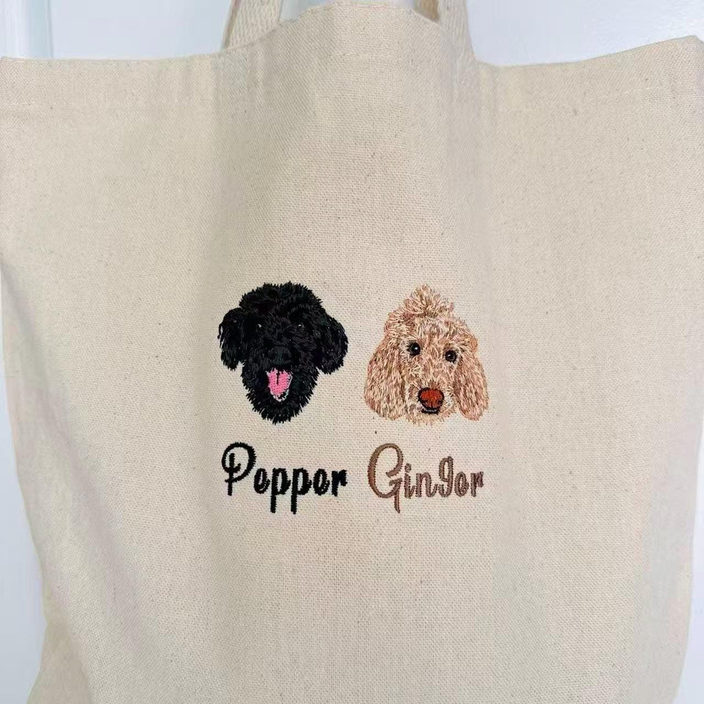 Custom Embroidered Pet Portrait Tote Bag – Personalized Dog Cat Tote, Pet Memorial Gift, Pet Lover Tote