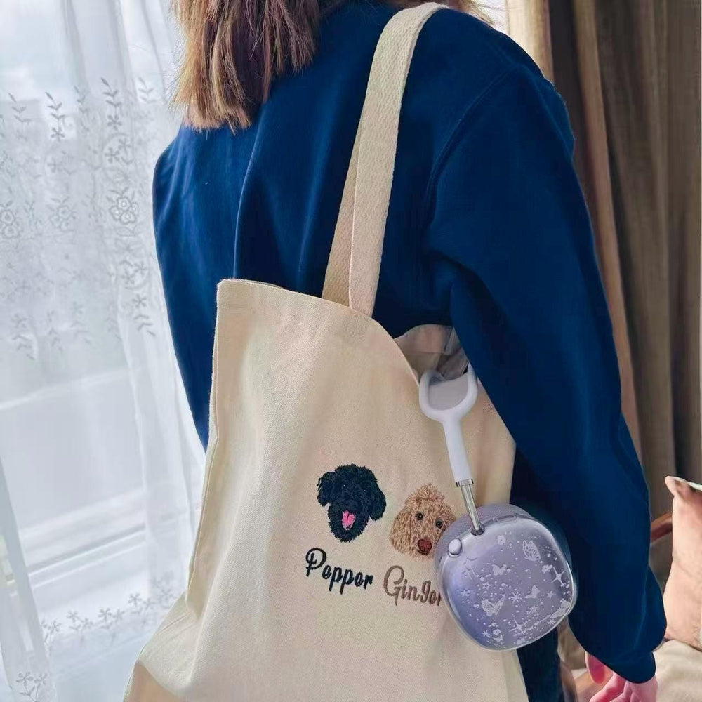 Custom Embroidered Pet Portrait Tote Bag – Personalized Dog Cat Tote, Pet Memorial Gift, Pet Lover Tote