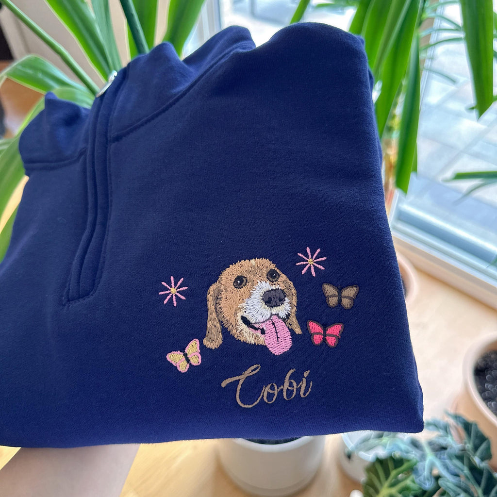 Custom Embroidered Pet Portrait Quarter Zip – Dog Cat Face Sweatshirt, Personalized Gift, Pet Memorial Clothing