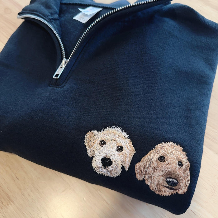 Custom Embroidered Pet Portrait Quarter Zip – Dog Cat Face Sweatshirt, Personalized Gift, Pet Memorial Clothing