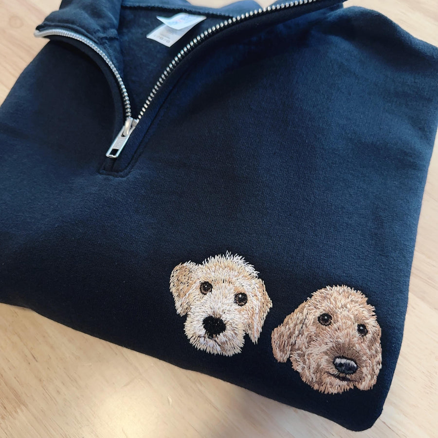 Custom Embroidered Pet Portrait Quarter Zip – Dog Cat Face Sweatshirt, Personalized Gift, Pet Memorial Clothing
