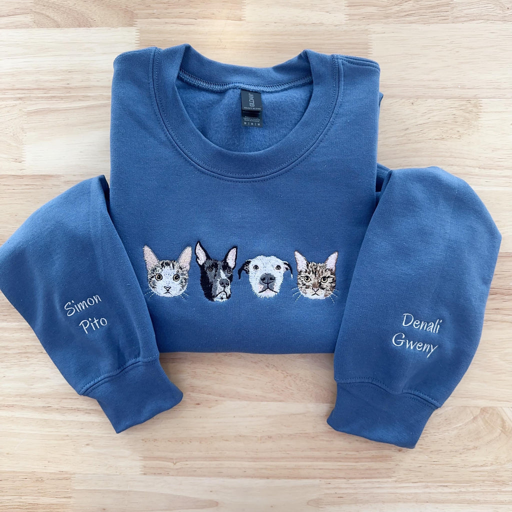 Custom Pet Portrait Sweatshirt, Embroidered Dog or Cat Hoodie, Personalized Gift for Pet Lovers, Pet Memorial Sweater
