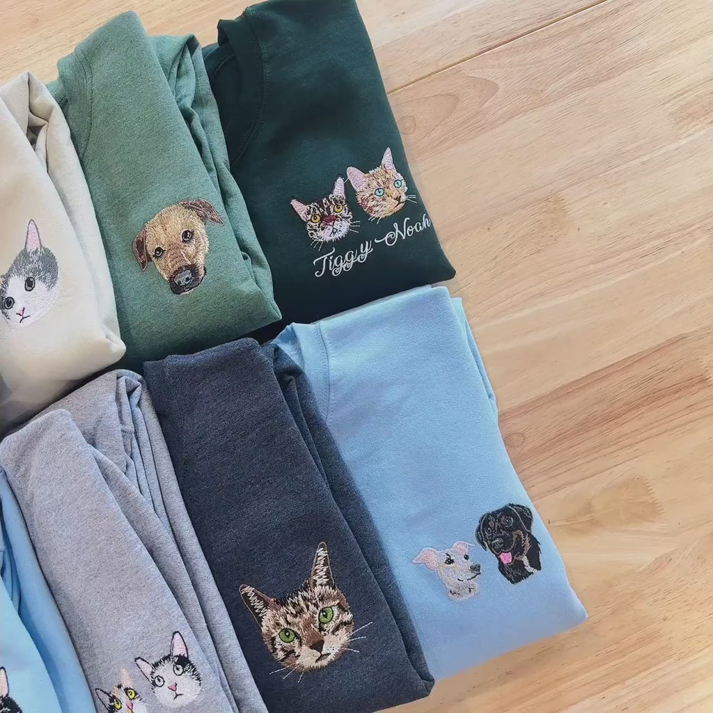 Custom Pet Portrait Sweatshirt, Embroidered Dog or Cat Hoodie, Personalized Gift for Pet Lovers, Pet Memorial Sweater