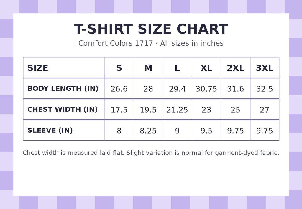 T-shirt size chart - Comfort Colors 1717