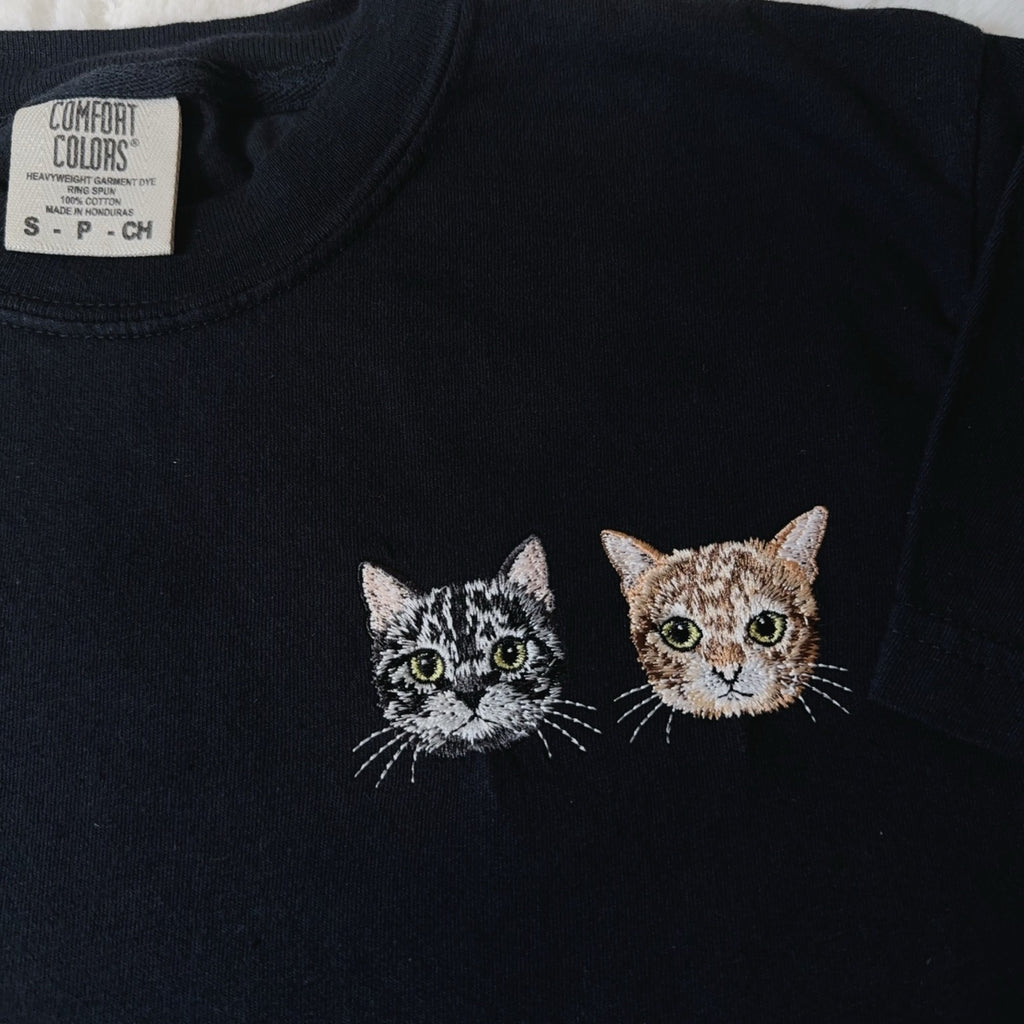 Black custom pet portrait t-shirt with two embroidered cats
