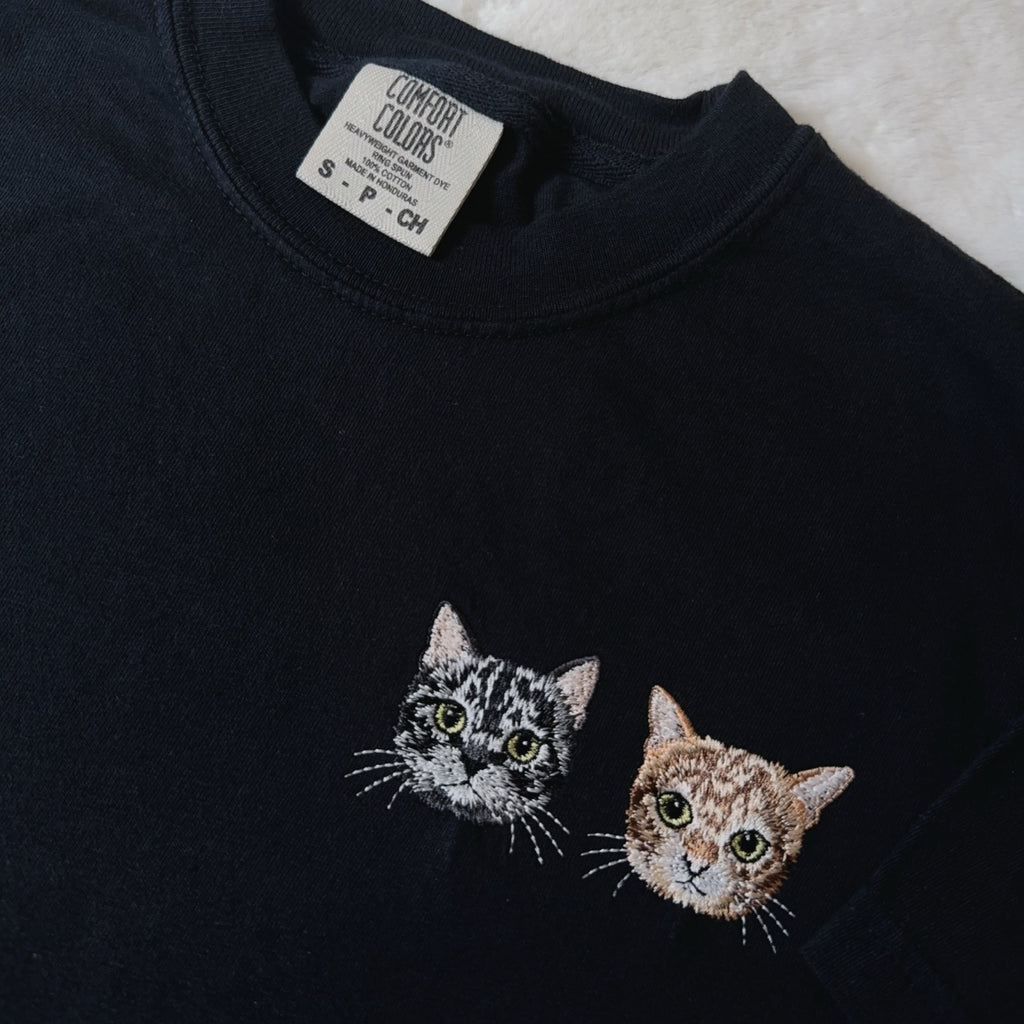 Black custom pet portrait t-shirt with two embroidered cats