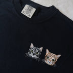 Black custom pet portrait t-shirt with two embroidered cats